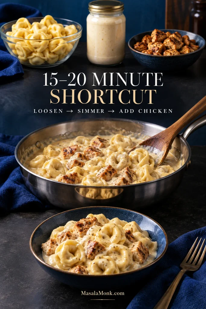 Refrigerated tortellini, prepared Alfredo sauce and cooked chicken arranged above a finished skillet; text reads “15–20 Minute Shortcut” and “Loosen → Simmer → Add Chicken.”