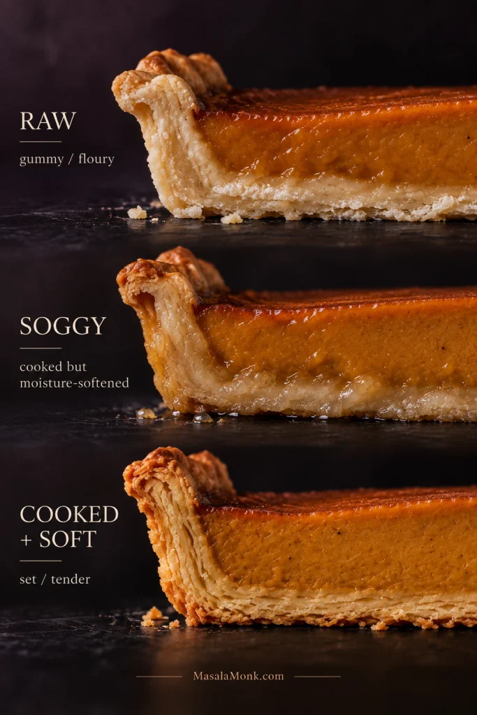 Three pumpkin pie crust cross-sections labeled raw, soggy, and cooked plus soft, showing gummy dough, moisture-softened pastry, and tender baked layers.