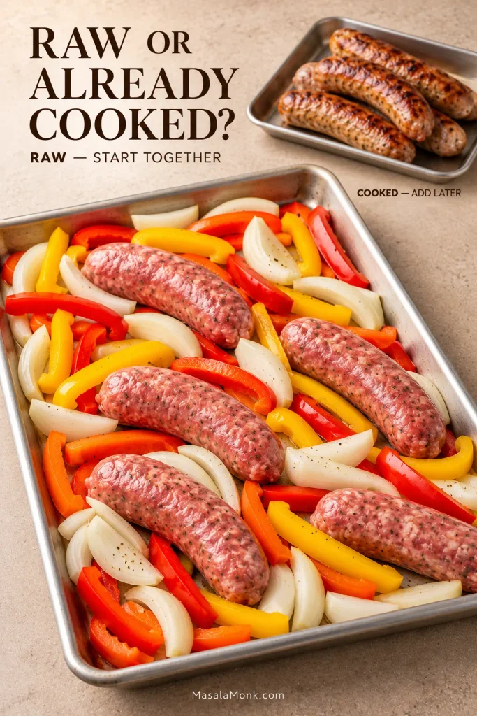 Raw Italian sausage links arranged with uncooked bell peppers and yellow onion on a sheet pan, with browned fully cooked sausage links shown separately above the pan.