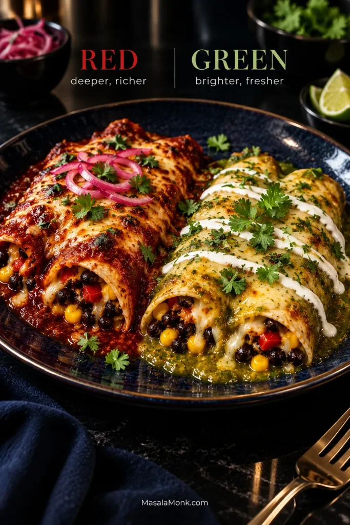 Two enchiladas with the same black bean, corn and red pepper filling; one has deep red sauce and pickled onion, while the other has green tomatillo sauce, crema and cilantro.
