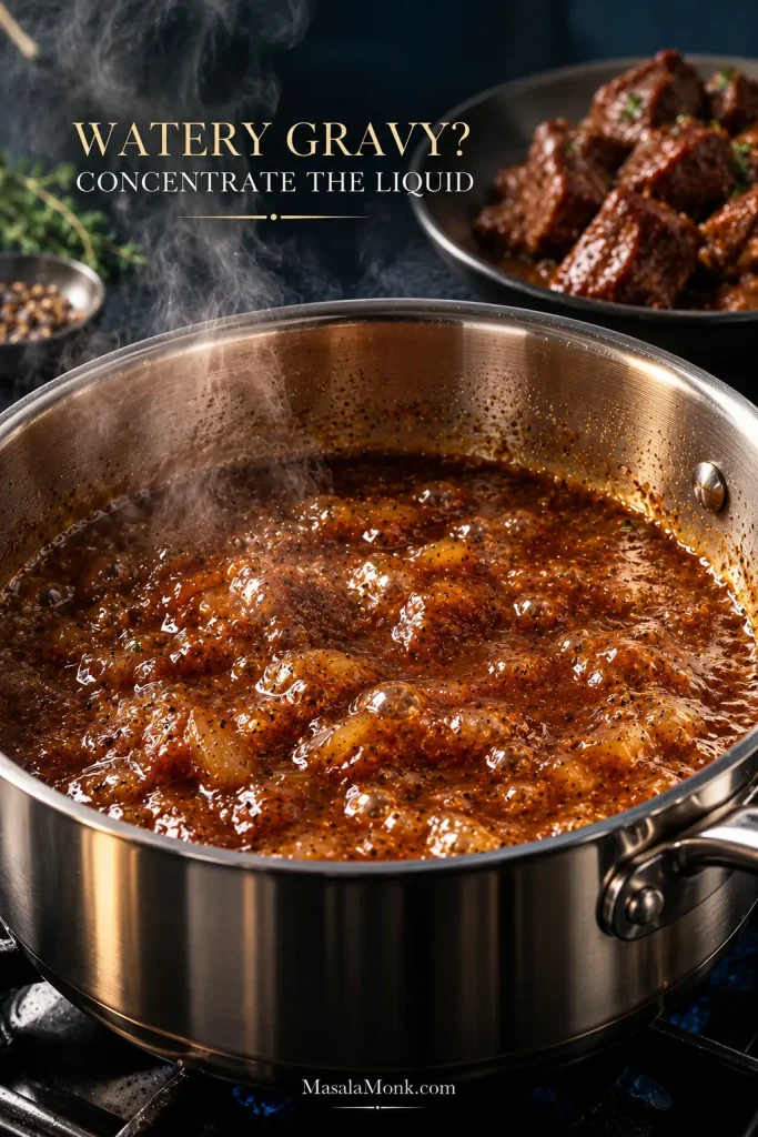 Brown beef cooking liquid simmering uncovered in a stainless saucepan while cooked beef tips rest separately in the background.