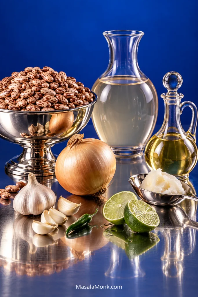 Whole pinto beans, onion, garlic, cooking fat, bean broth, and cut lime arranged on a cobalt-blue background with polished metal vessels.