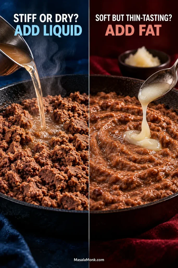 Split comparison showing stiff refried beans being loosened with liquid on the left and soft refried beans receiving a small amount of fat on the right.