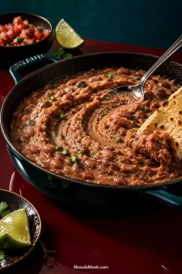 Creamy refried pinto beans in a dark skillet with a spoon trail through the surface and a warm tortilla beside them on a petrol-blue and oxblood set.