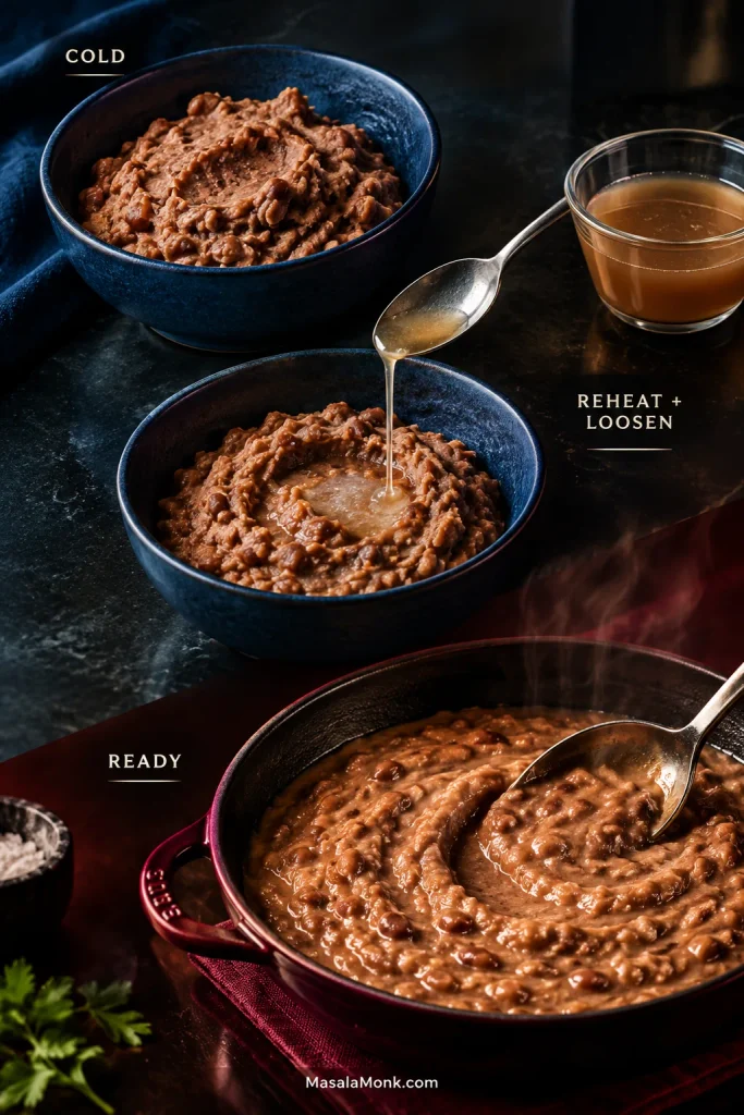 Three-stage image showing cold stiff refried beans, broth being added during reheating, and warm glossy beans steaming in a skillet.