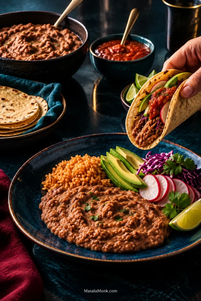 Dinner scene with refried beans, warm tortillas, salsa, avocado, cabbage, radishes, lime, and a hand holding a filled taco.
