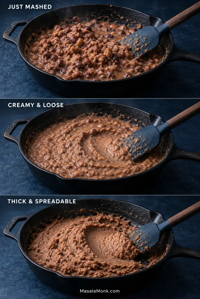 Three views of the same skillet showing refried beans just mashed, creamy and loose, and thick and spreadable.