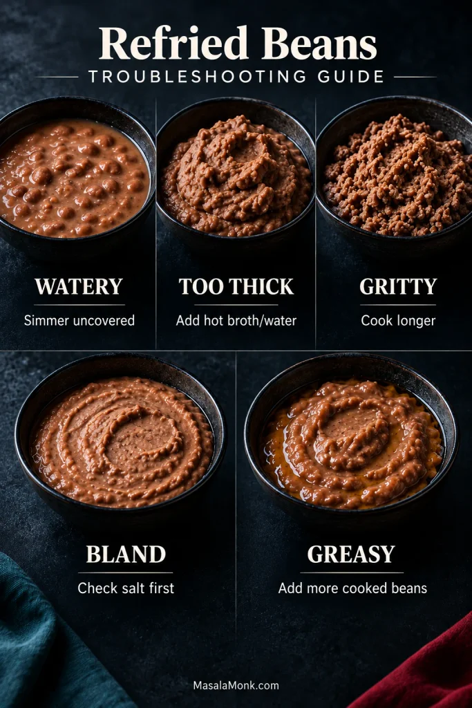 Five refried-bean states showing watery beans, overly thick beans, gritty beans, bland beans, and greasy beans, with a short corrective action for each.
