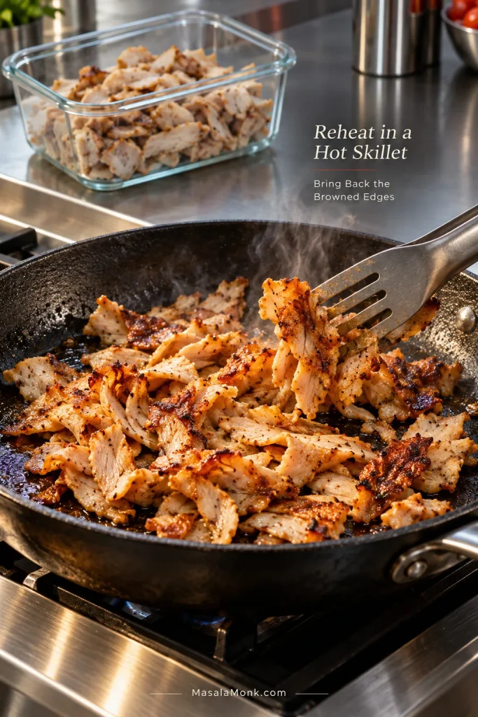 Leftover shaved chicken in a glass container behind a skillet where thin chicken pieces are reheating and browning at the edges.