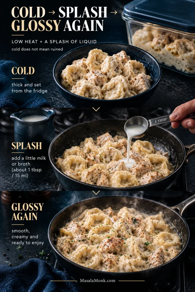Three-stage reheating guide showing thick cold Alfredo, a 1-tablespoon measure adding milk or broth in a skillet, and glossy reheated chicken tortellini Alfredo.