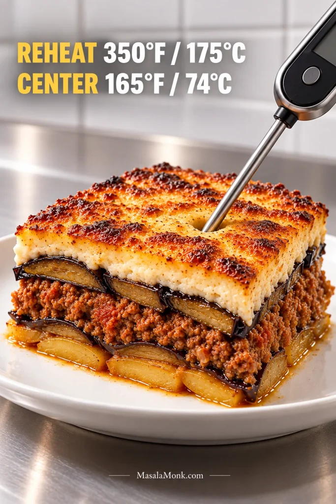 Reheated moussaka slice with a food thermometer probe inserted deeply into the thick central part of the portion.
