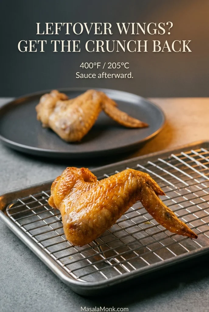 Crisp reheated chicken wing on a wire rack in the foreground with a duller softer leftover wing on a plate behind it; text gives 400°F / 205°C.