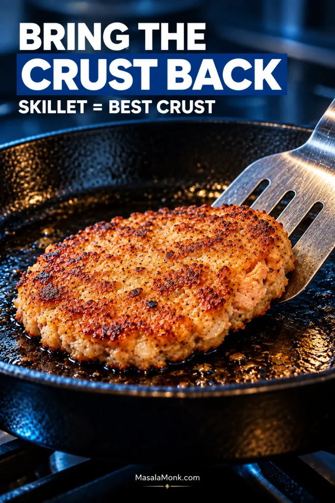 A salmon patty reheating in a dark skillet while a metal spatula lifts one edge; the browned surface appears beneath text reading Bring the Crust Back and Skillet = Best Crust.