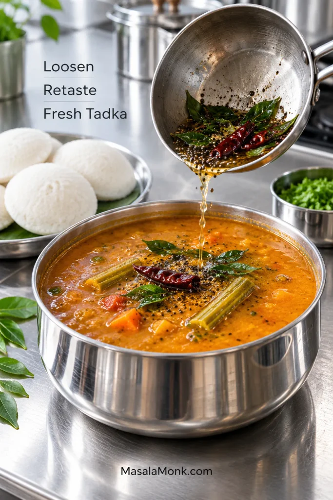 Fresh mustard seed, curry leaf and dried chilli tadka being poured into reheated sambar in a steel pot, with white idlis waiting beside it.