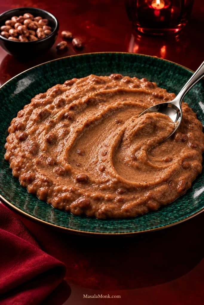 Very smooth refried pinto beans spread across a deep green glazed plate with a spoon on a dark red surface.