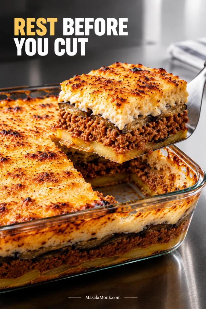 Rectangular moussaka slice being lifted from the casserole on a wide metal spatula, leaving an empty space behind it in the pan.