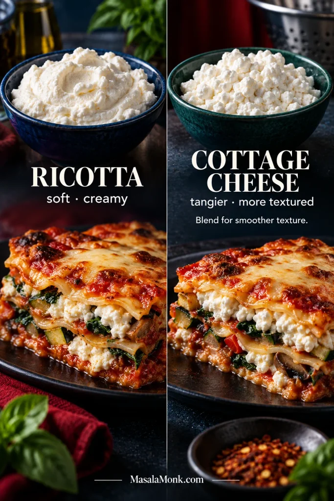 Ricotta and cottage cheese shown in bowls and lasagna slices, comparing smooth creamy ricotta with more visible cottage-cheese curds.