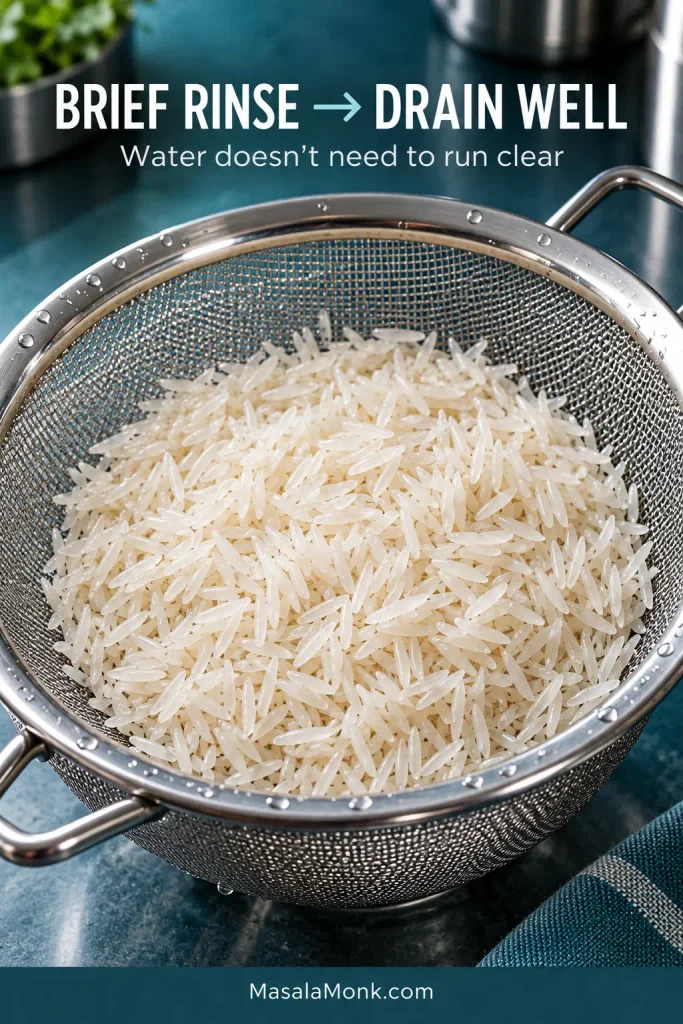 Damp uncooked long-grain white rice draining in a fine-mesh metal sieve over a stainless-steel work surface.