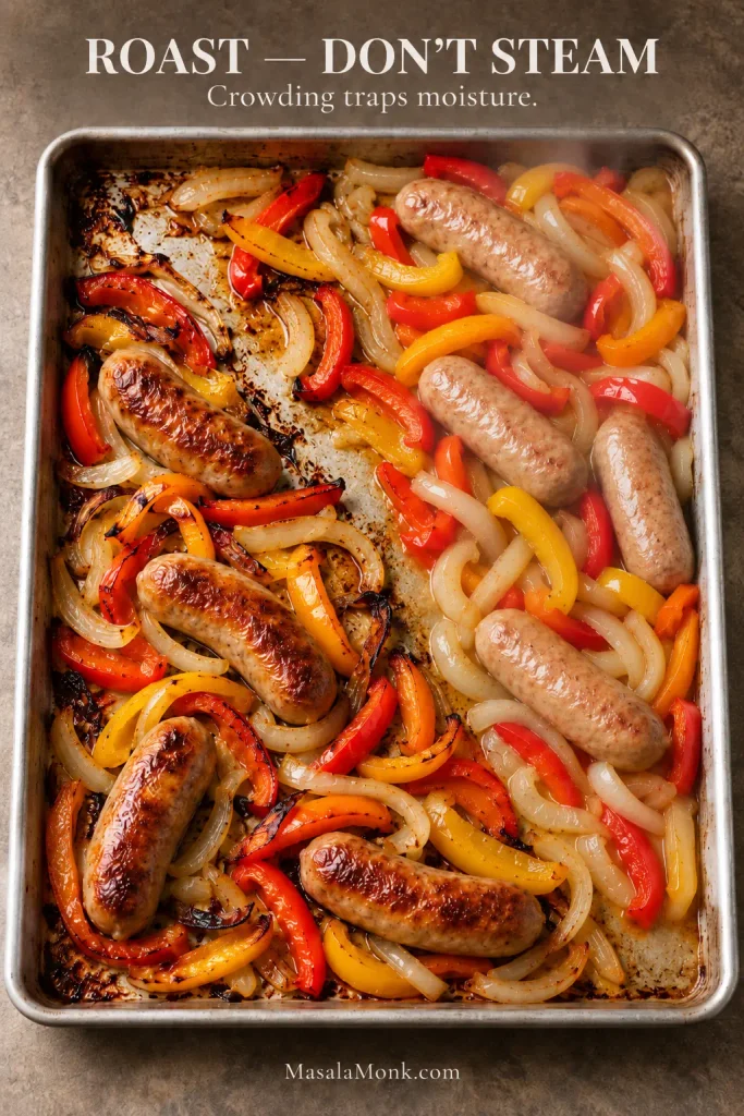 A sheet pan showing browned sausage and roasted peppers with exposed metal on one side and more crowded, pale, moist sausage and vegetables on the other.