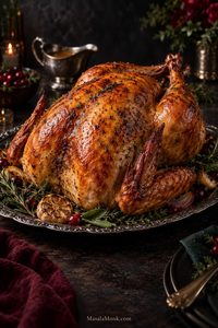 Whole roasted turkey on a dark serving platter with deeply browned, crisp-looking skin, roasted herbs, gravy in the background, and dramatic warm lighting.