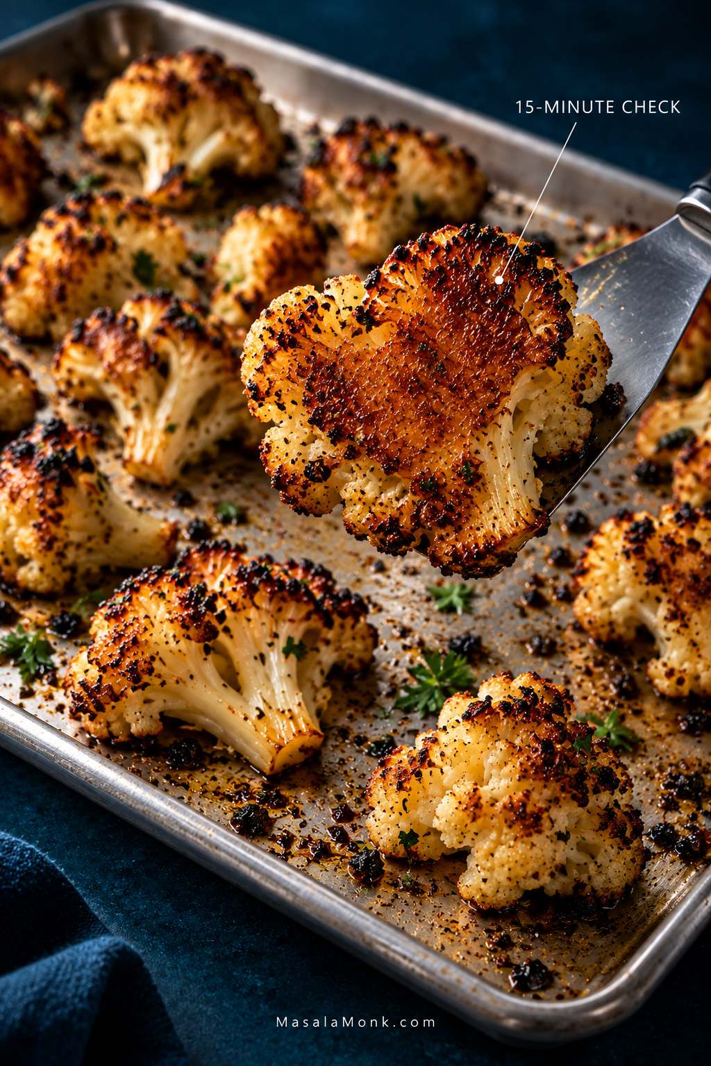 A spatula lifts one roasted cauliflower floret above a metal sheet pan, revealing a broad golden-brown underside while other florets remain spaced across the tray.