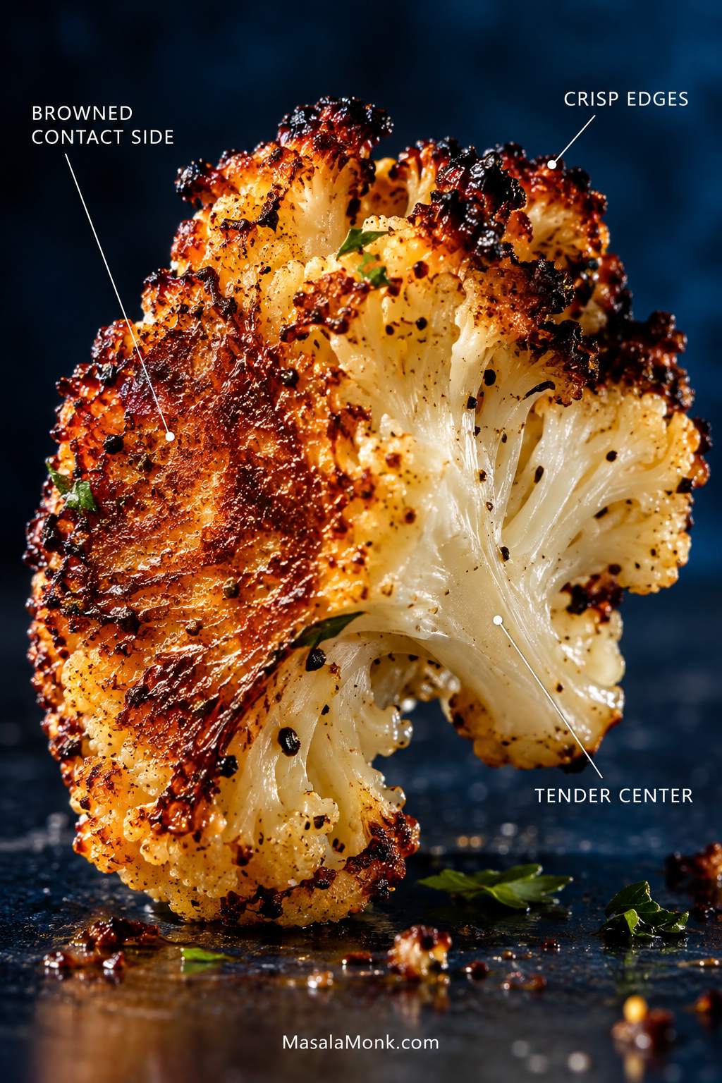 Close-up of a roasted cauliflower floret showing a deeply browned contact surface, dark crisp edges, and a pale tender center, with small labels identifying each texture.