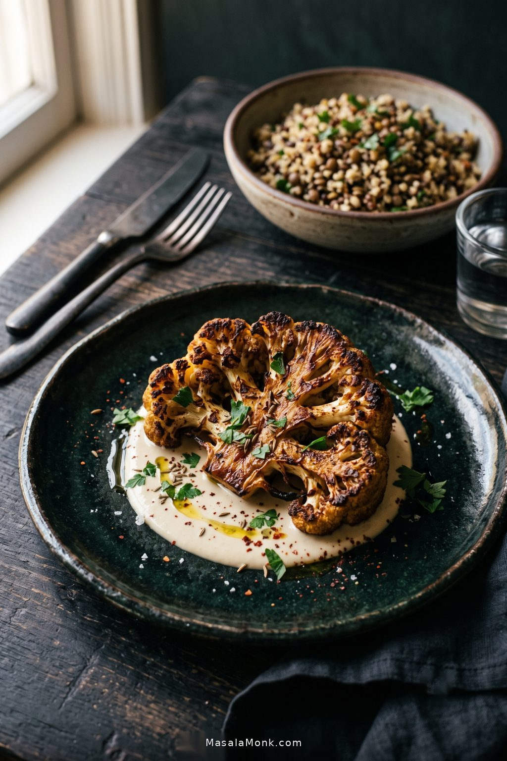 A dark ceramic plate of deeply roasted cauliflower served with pale sauce underneath and beside the florets, with a fork and subtle dinner components softly visible behind the plate.