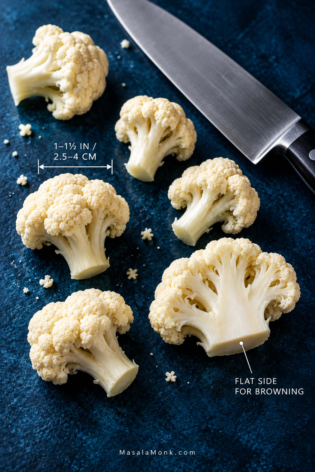 Raw cauliflower florets on a dark blue preparation surface beside a chef’s knife, including a larger floret cut through the stem to reveal its broad flat side and pieces around 1 to 1½ inches in size.