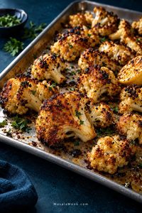A brushed-metal sheet pan filled with irregular roasted cauliflower florets, showing deep golden-brown edges, darker roasted tips, tender stems, fresh green herbs, and a small lemon garnish against a deep teal background.