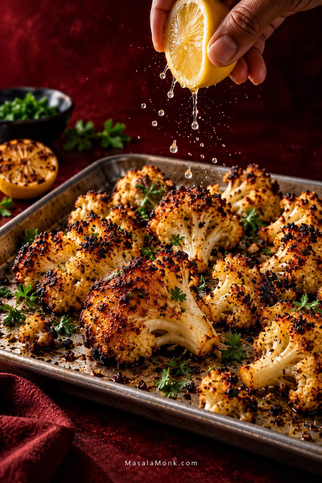 A hand squeezes a lemon half over deeply roasted cauliflower on a metal tray, with small lemon droplets falling onto browned florets against a dark burgundy background.