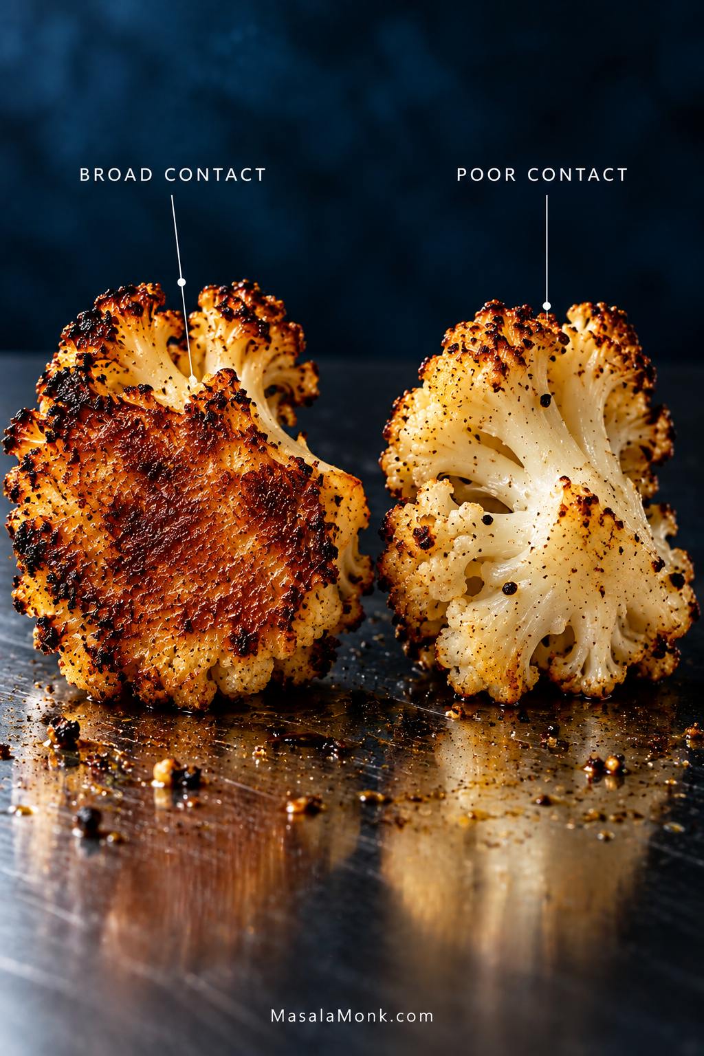 Two roasted cauliflower florets are shown from below; one has a wide caramelized brown contact patch from a flat pan-facing side, while the other has much less browning.