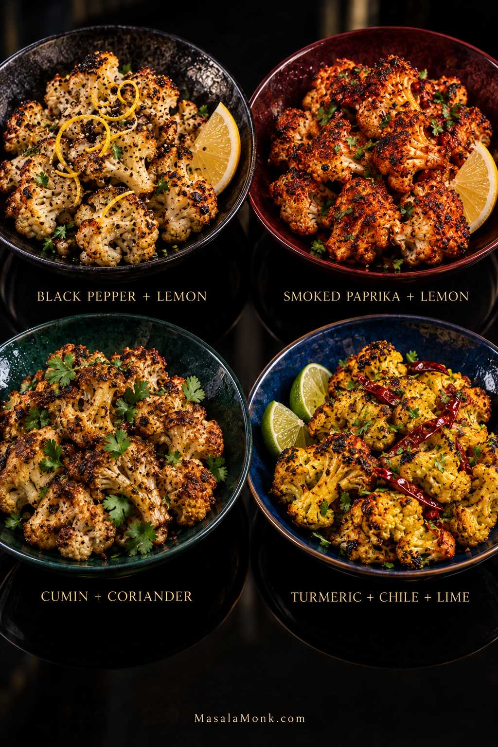Four portions of roasted cauliflower in jewel-toned dishes labeled black pepper and lemon, smoked paprika and lemon, cumin and coriander, and turmeric with chile and lime.
