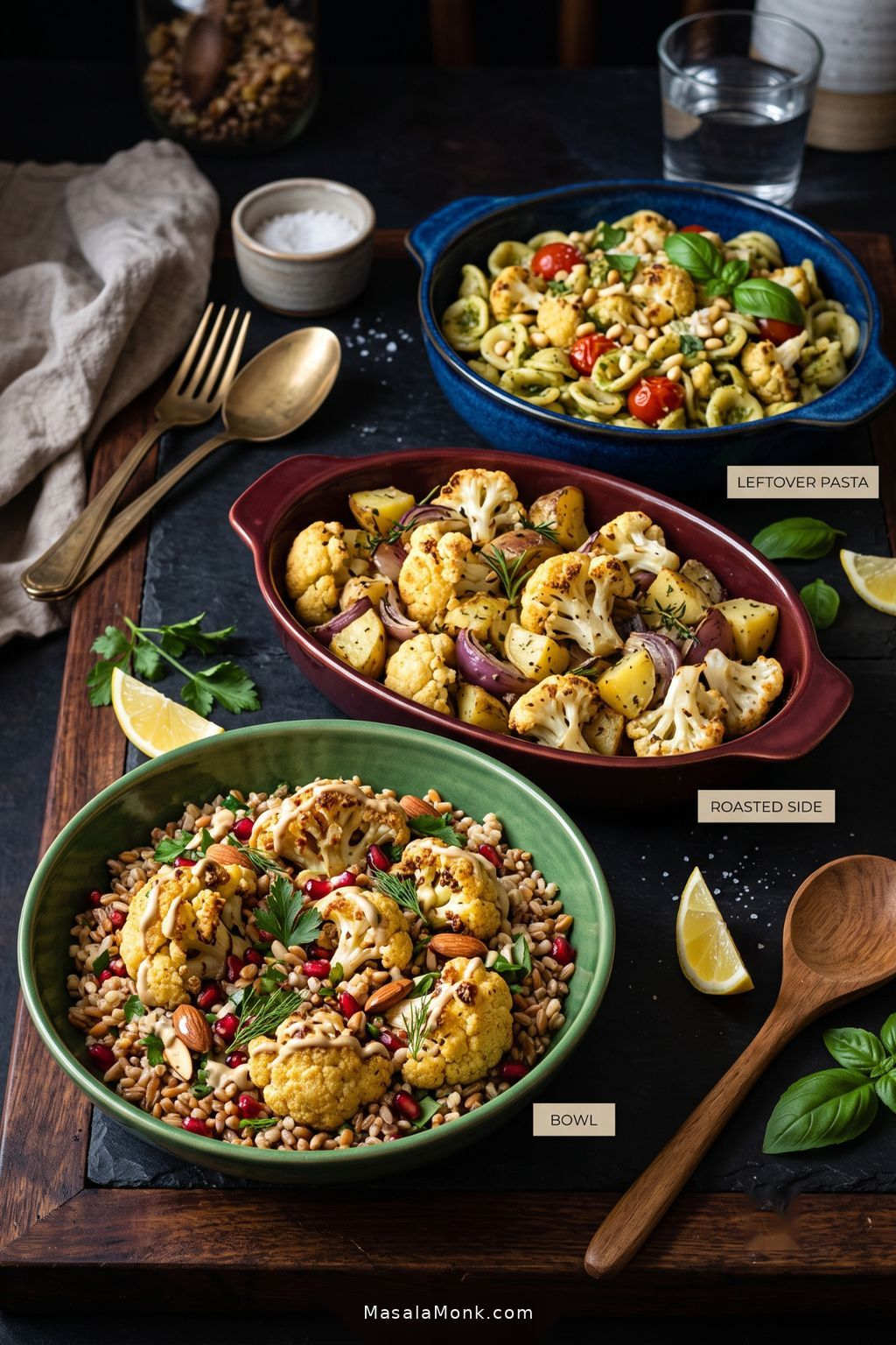 Three serving ideas featuring roasted cauliflower: a grain bowl, a plate of roasted cauliflower with potatoes, and pesto pasta containing chopped roasted cauliflower.