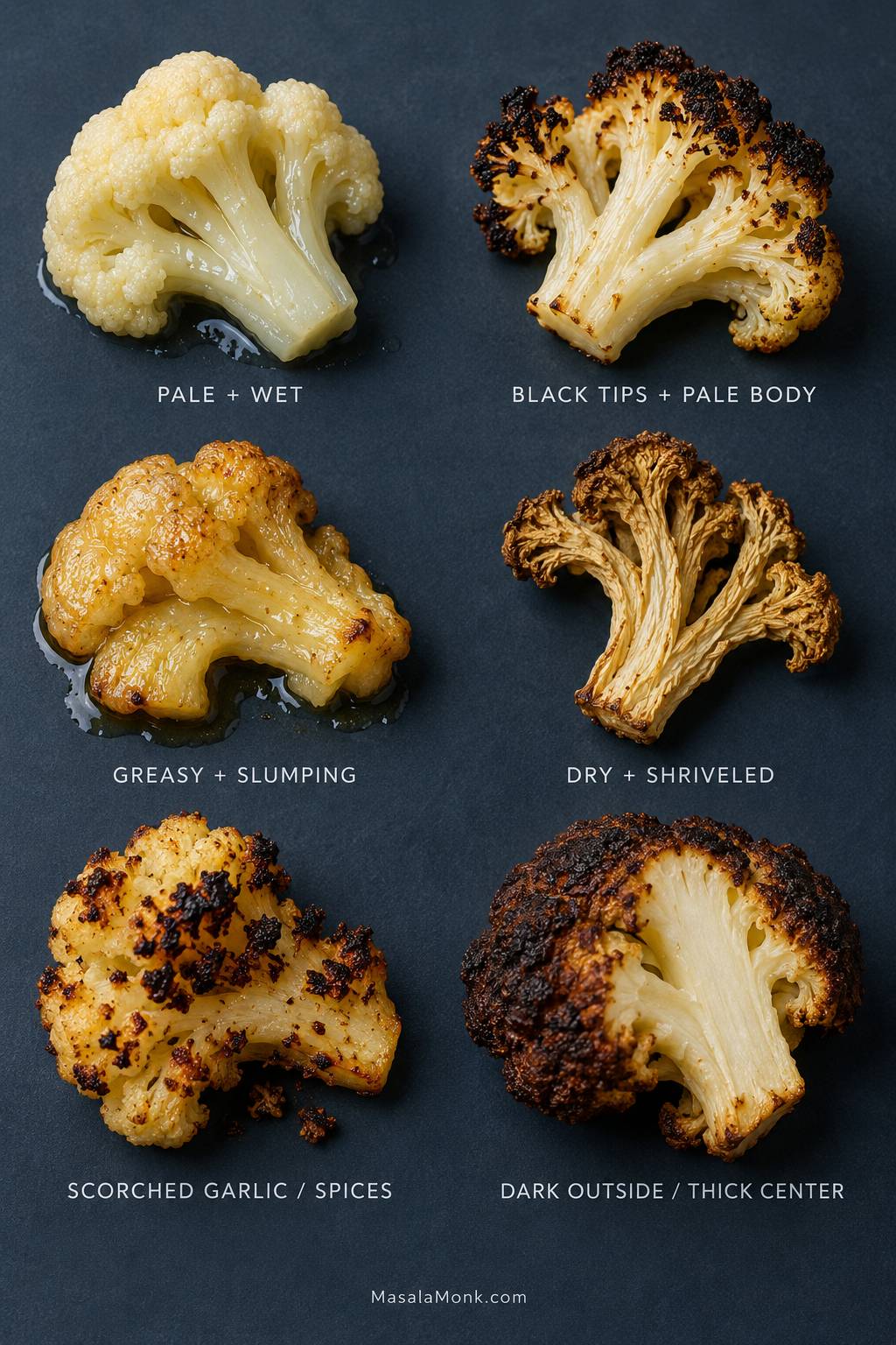 A visual guide showing six roasted cauliflower problems: pale and wet florets, black tips with a pale body, greasy slumping florets, dry shriveled florets, scorched garlic or spices, and dark exteriors around a thick pale center.