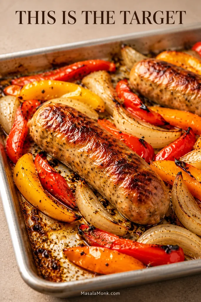 Close view of a browned Italian sausage link surrounded by blistered red, orange and yellow peppers, golden onion and concentrated roasting juices on an aluminum sheet pan.