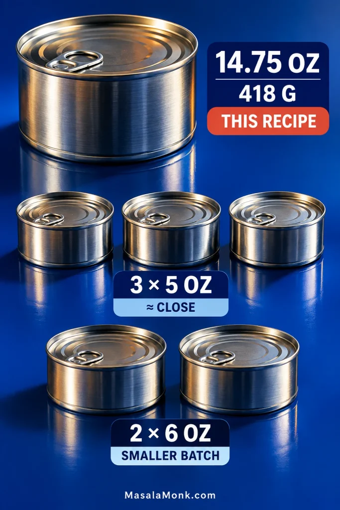 Can-size guide showing one 14.75-ounce / 418-gram can labeled This Recipe, three 5-ounce cans marked approximately close, and two 6-ounce cans marked smaller batch.