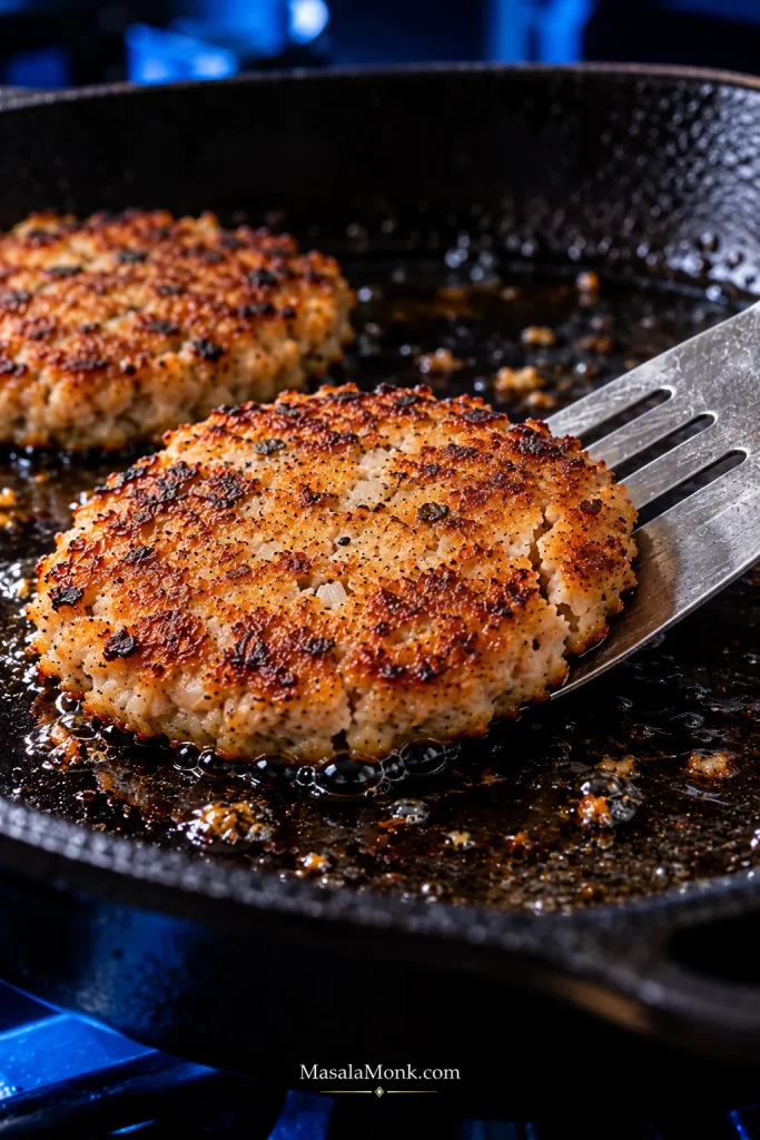 Close-up of a thin salmon patty in a cast-iron skillet being lifted with a wide metal spatula; a small crack begins near one edge.