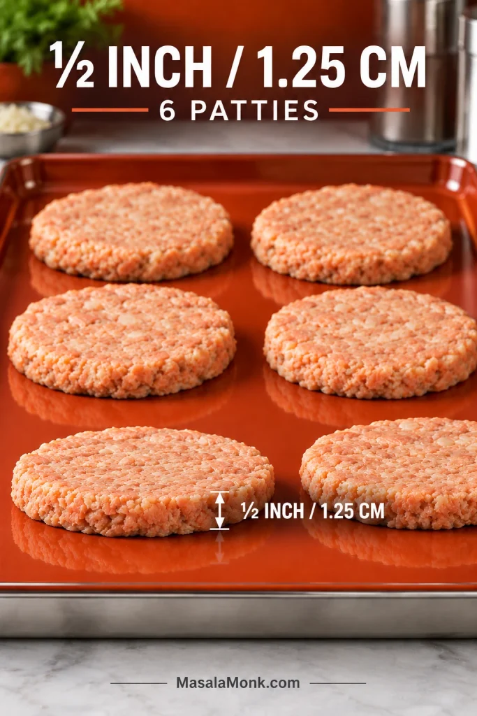 Six raw salmon patties on a red tray; the front patty is shown from the side with a marker indicating one-half inch, or 1.25 centimeters, thickness.