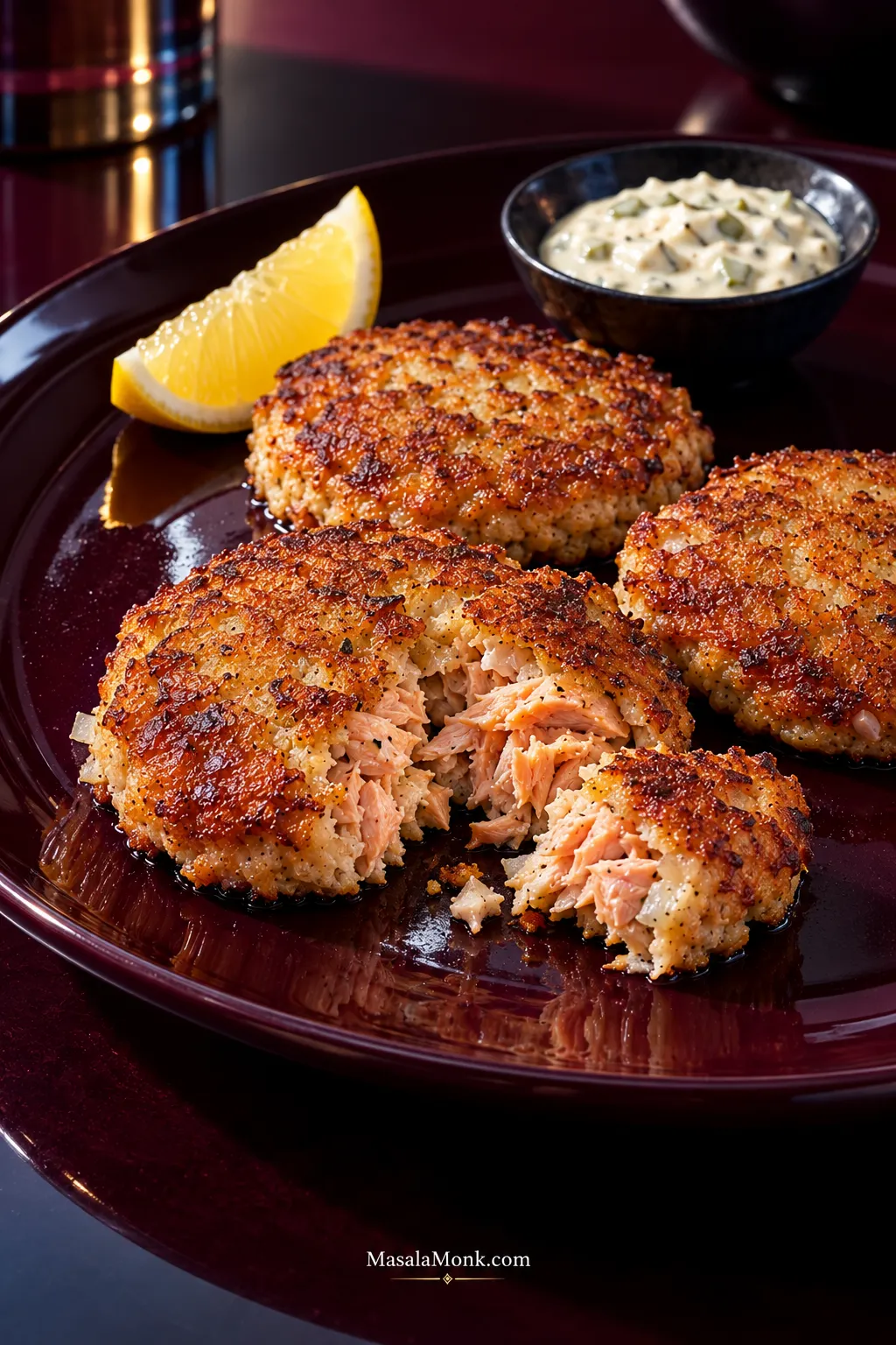 Three broad, thin golden-brown salmon patties on a dark plate; one is torn open to show moist pink salmon flakes, with lemon and tartar sauce behind.