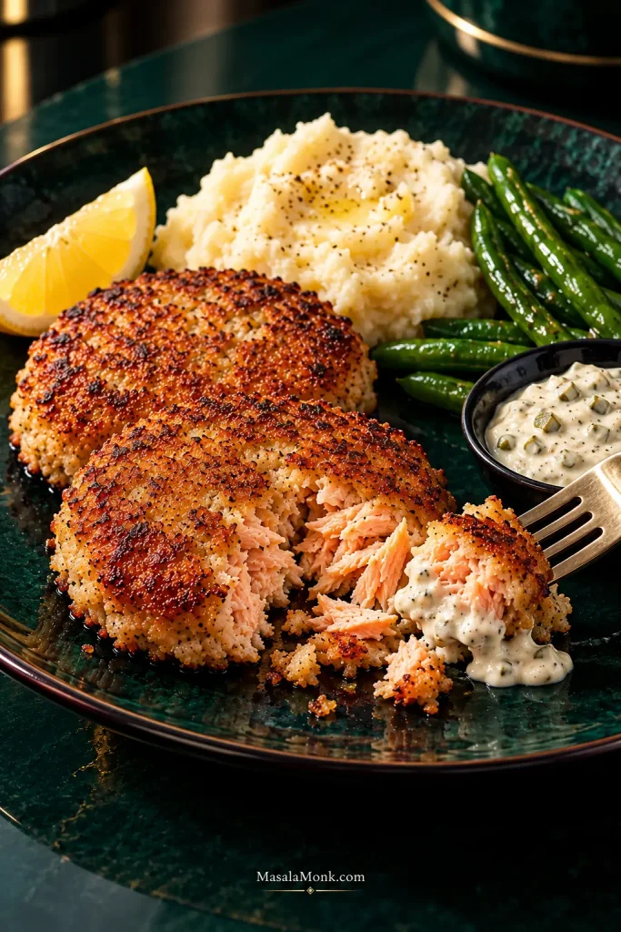 Dark green dinner plate with golden salmon patties, mashed potatoes, green beans, lemon and tartar sauce; one patty is broken open near the sauce.