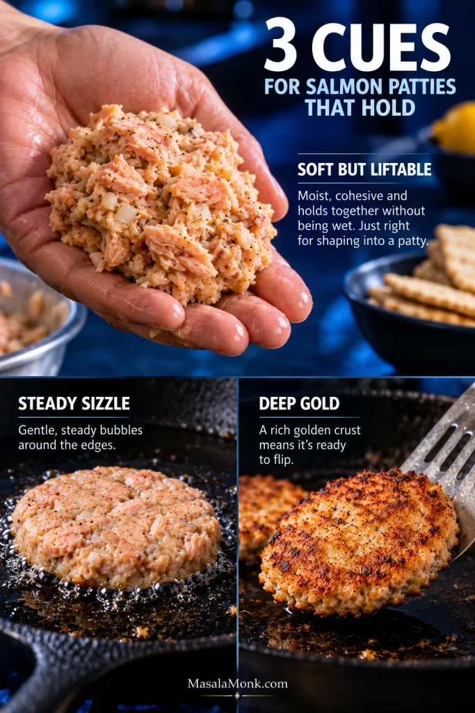 Teaching graphic showing cohesive salmon mixture held in a hand, a patty sizzling in a skillet, and a deep-golden underside, labeled Soft But Liftable, Steady Sizzle, and Deep Gold.