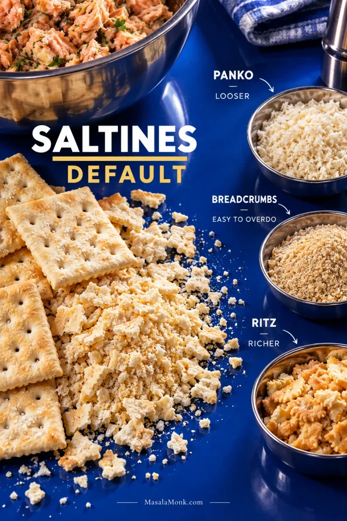 Binder comparison showing Saltines and crushed Saltines prominently, with panko, plain breadcrumbs and buttery round crackers arranged beside salmon mixture.