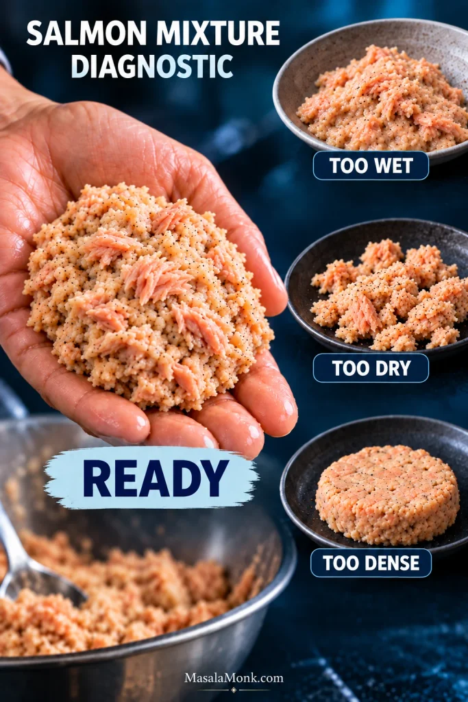 Diagnostic graphic showing Ready salmon mixture in a hand, Too Wet mixture slumping, Too Dry mixture crumbling, and Too Dense mixture formed into a compact flattened puck.