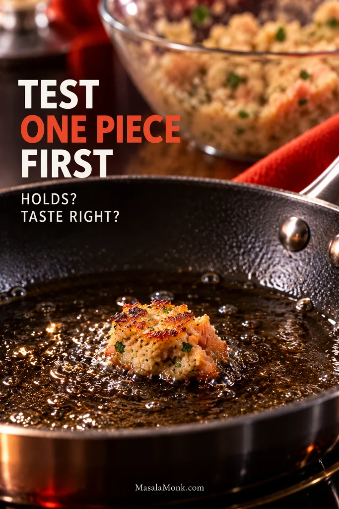 A teaspoon-sized piece of salmon mixture frying in shallow oil, with the bowl of mixture behind; on-image text asks Holds? and Taste Right?