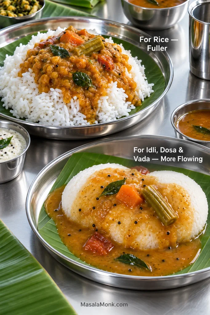 Two stainless-steel plates compare thicker sambar coating white rice with more flowing sambar surrounding and soaking into soft idlis on banana leaf.