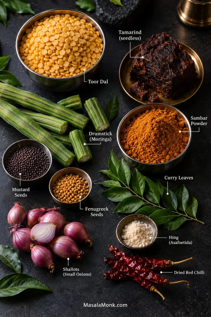 Labeled sambar ingredients including toor dal, seedless tamarind, sambar powder, moringa pods, curry leaves, mustard seeds, fenugreek seeds, shallots, asafoetida and dried red chillies.