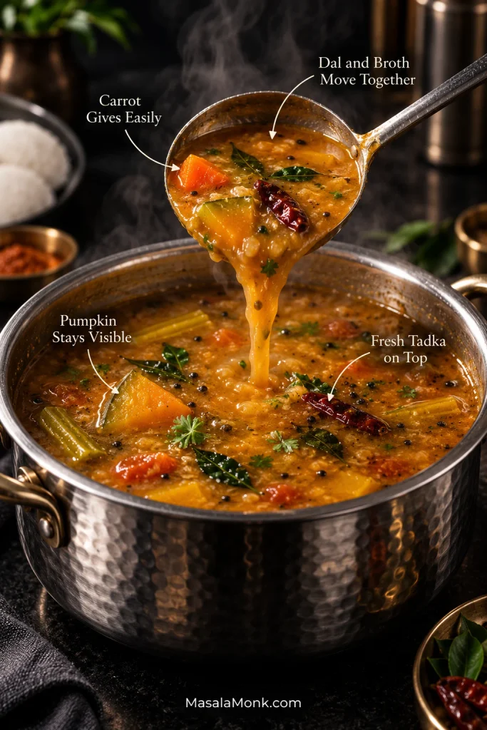 Ladle lifting finished sambar above a metal pot, with callouts showing integrated dal and broth, tender carrot, intact pumpkin and fresh mustard seed and curry leaf tadka.