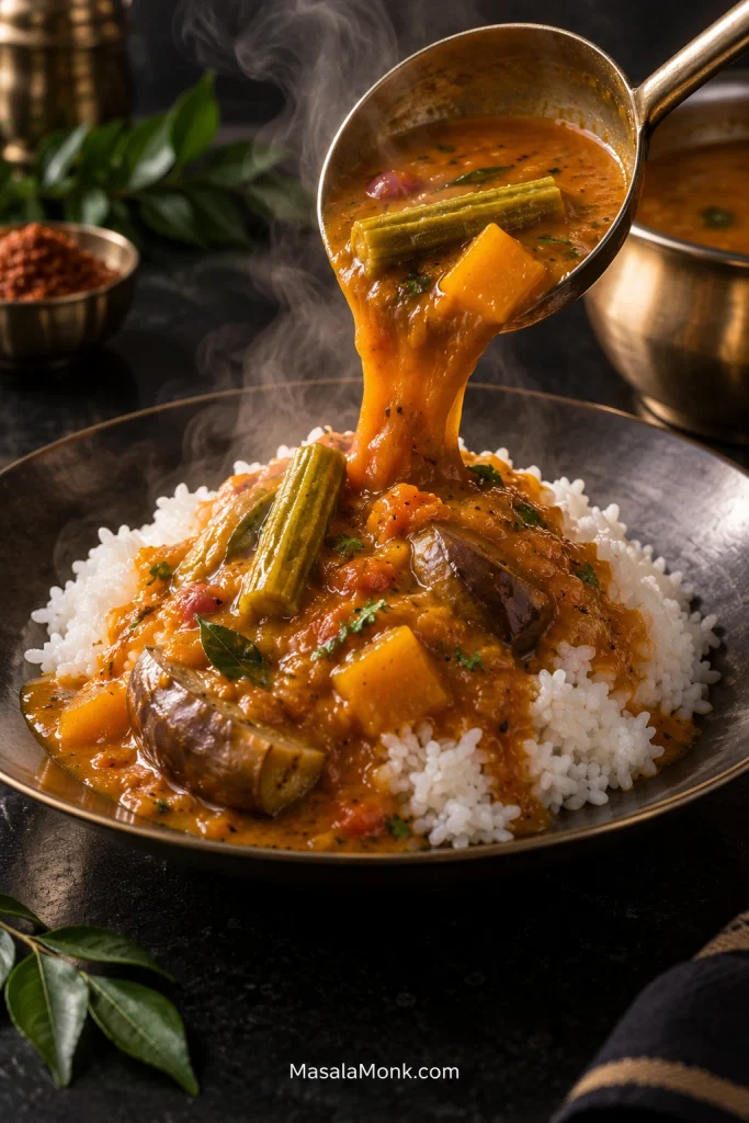 Hot sambar being poured over white rice, with drumstick, pumpkin, eggplant, shallots and curry leaves visible in the lentil and vegetable stew.