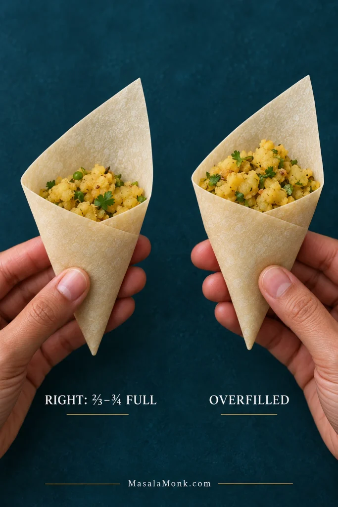 Two samosa patti pockets with potato filling, comparing a comfortable two-thirds to three-quarters fill with an overfilled pocket.
