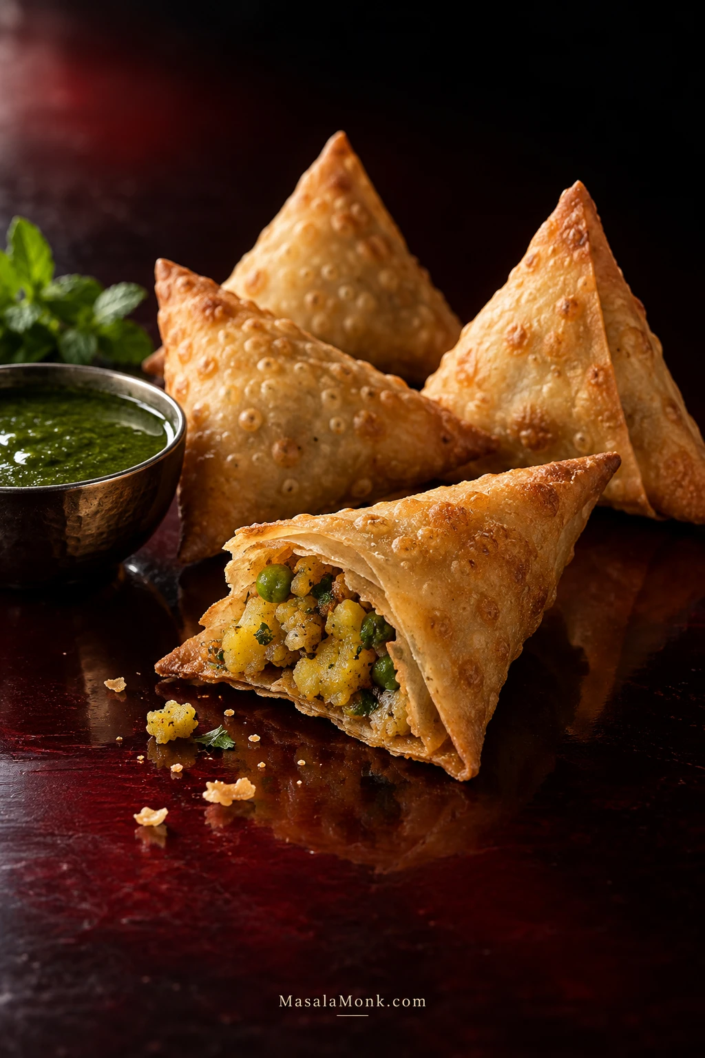 Broken fried samosa patti showing thin crisp folded layers and potato filling, with whole samosas and green chutney on a dark red-black surface.